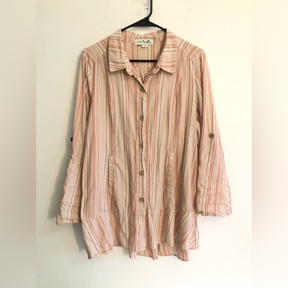 Simply Noelle Top Womens Large Natural White/Red Linen Stripe Artsy Lagenlook
